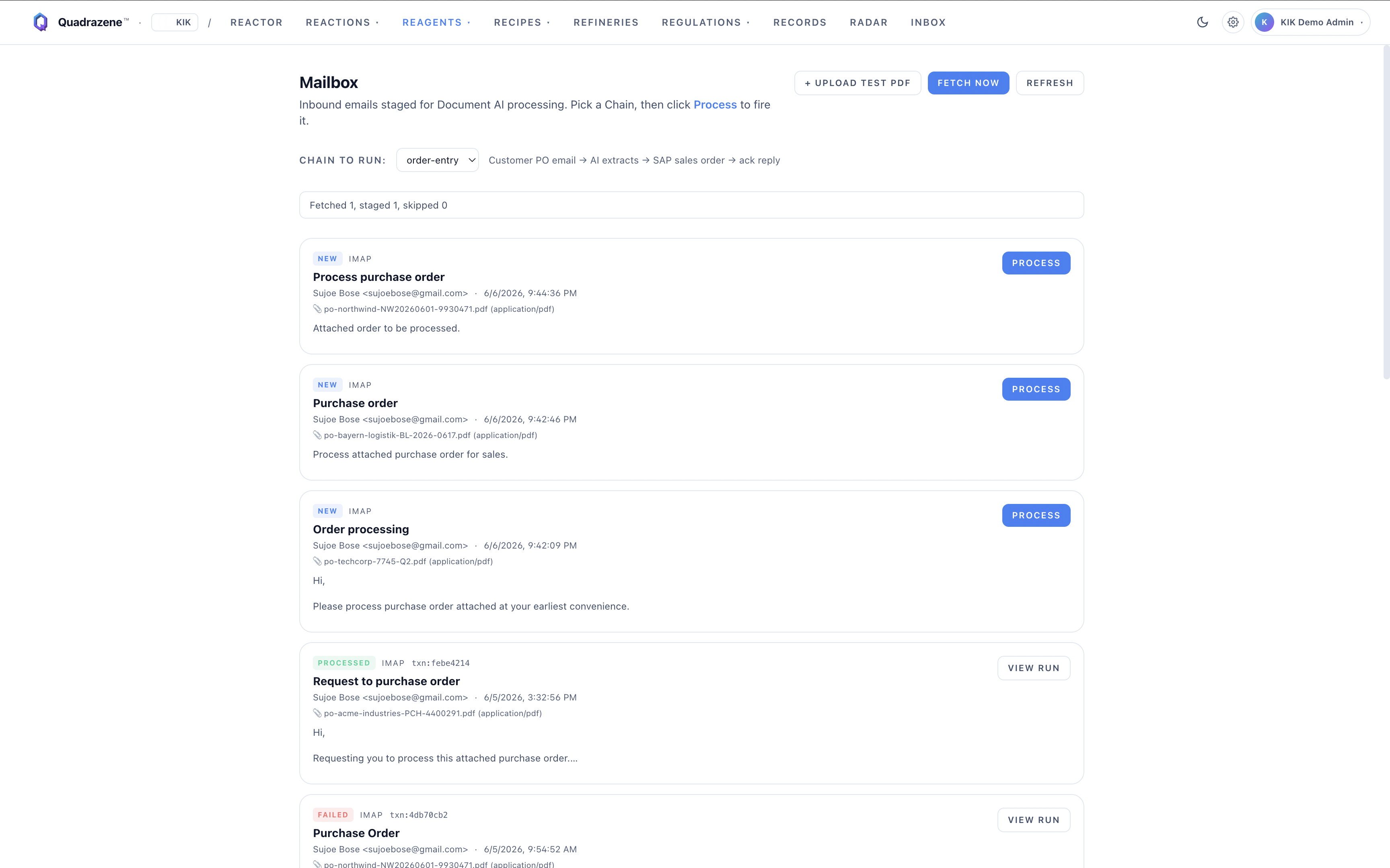 Mailbox — NEW, PROCESSED, and FAILED orders across multiple customers.