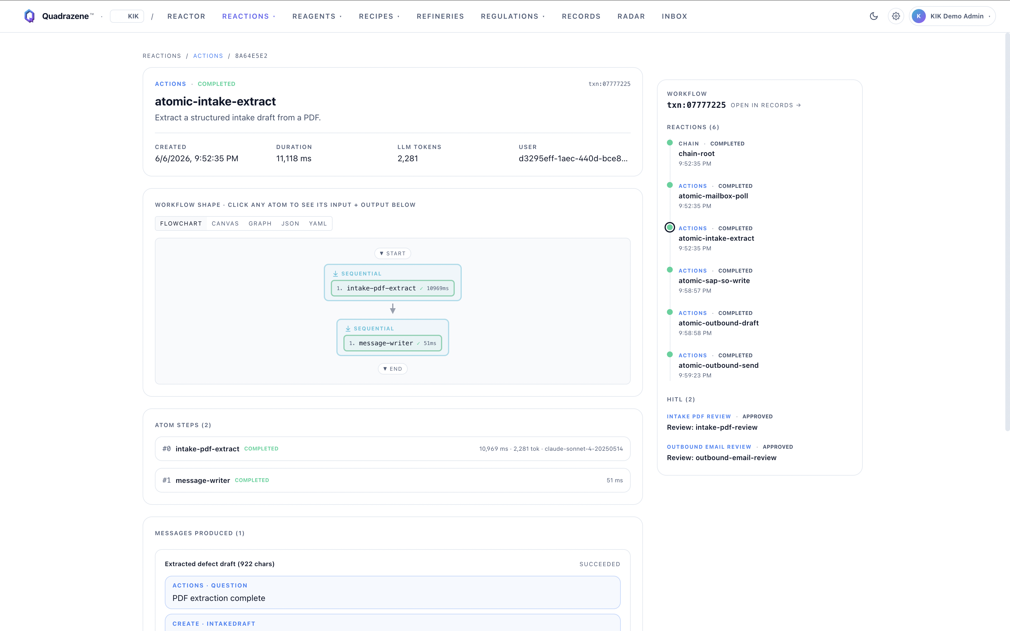 atomic-intake-extract COMPLETED — 11,118 ms, 2,281 tokens, SUCCEEDED.