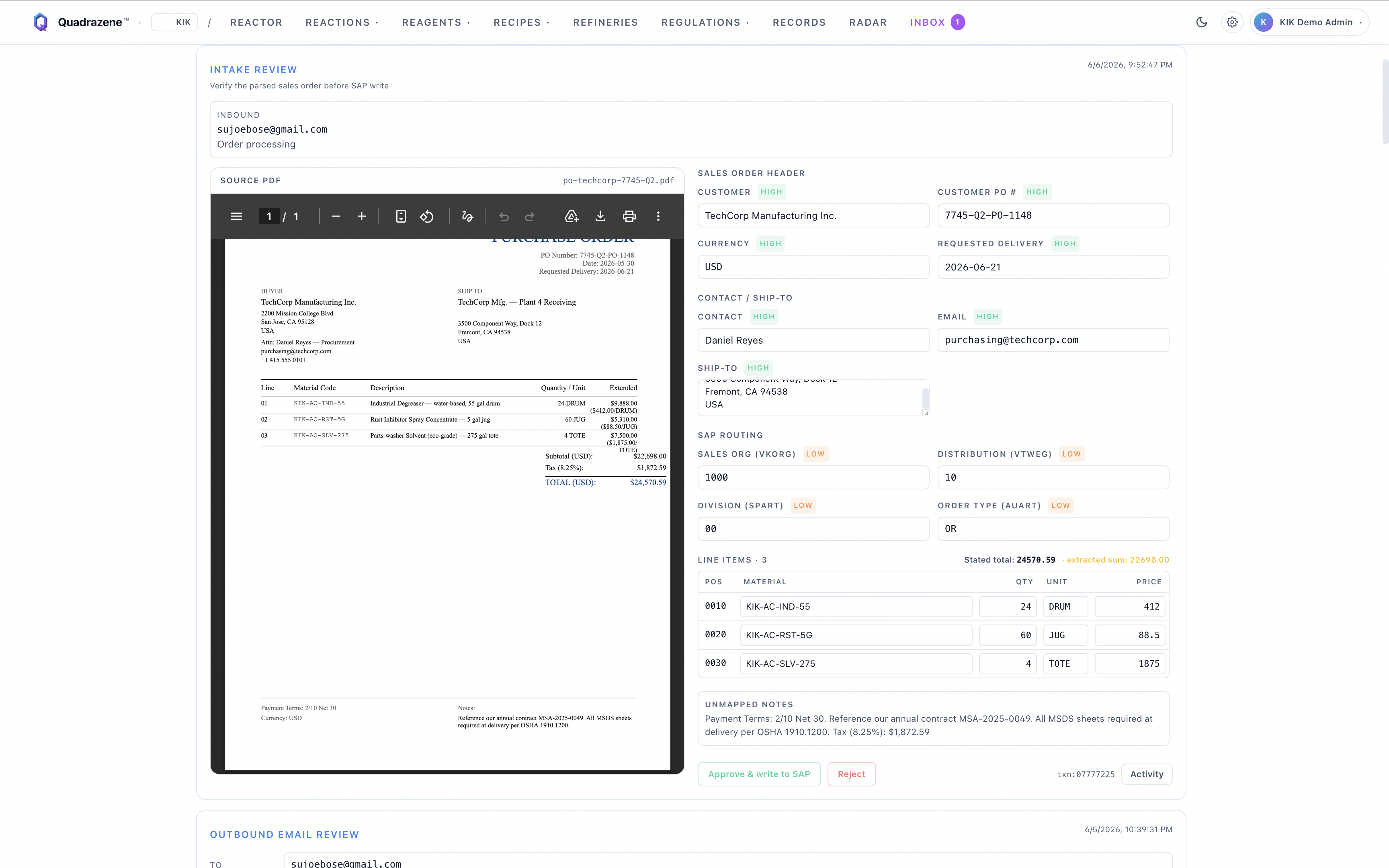 Ship-To and SAP Routing — address, sales org, distribution channel.