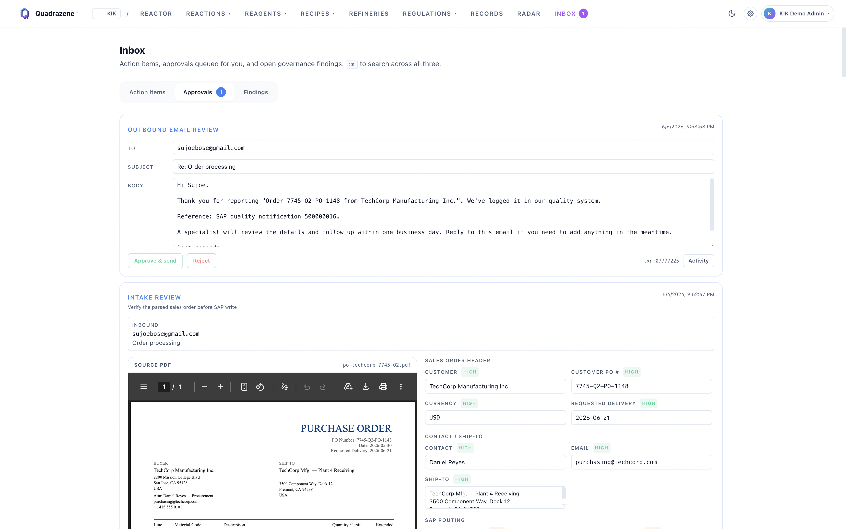 Line items and Outbound Email Review — both awaiting action.