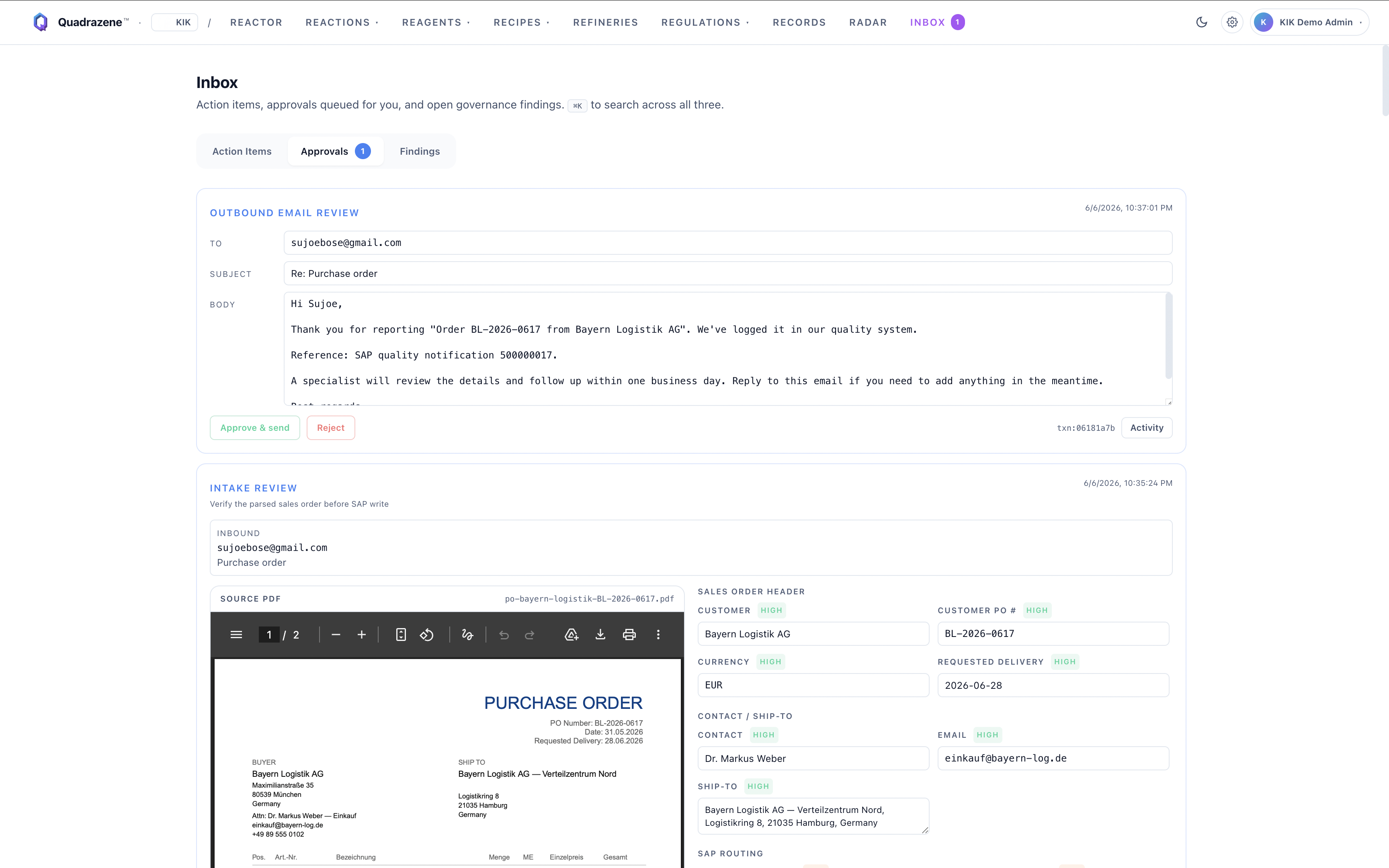 Outbound Email Review — AI-drafted confirmation, second HITL gate.