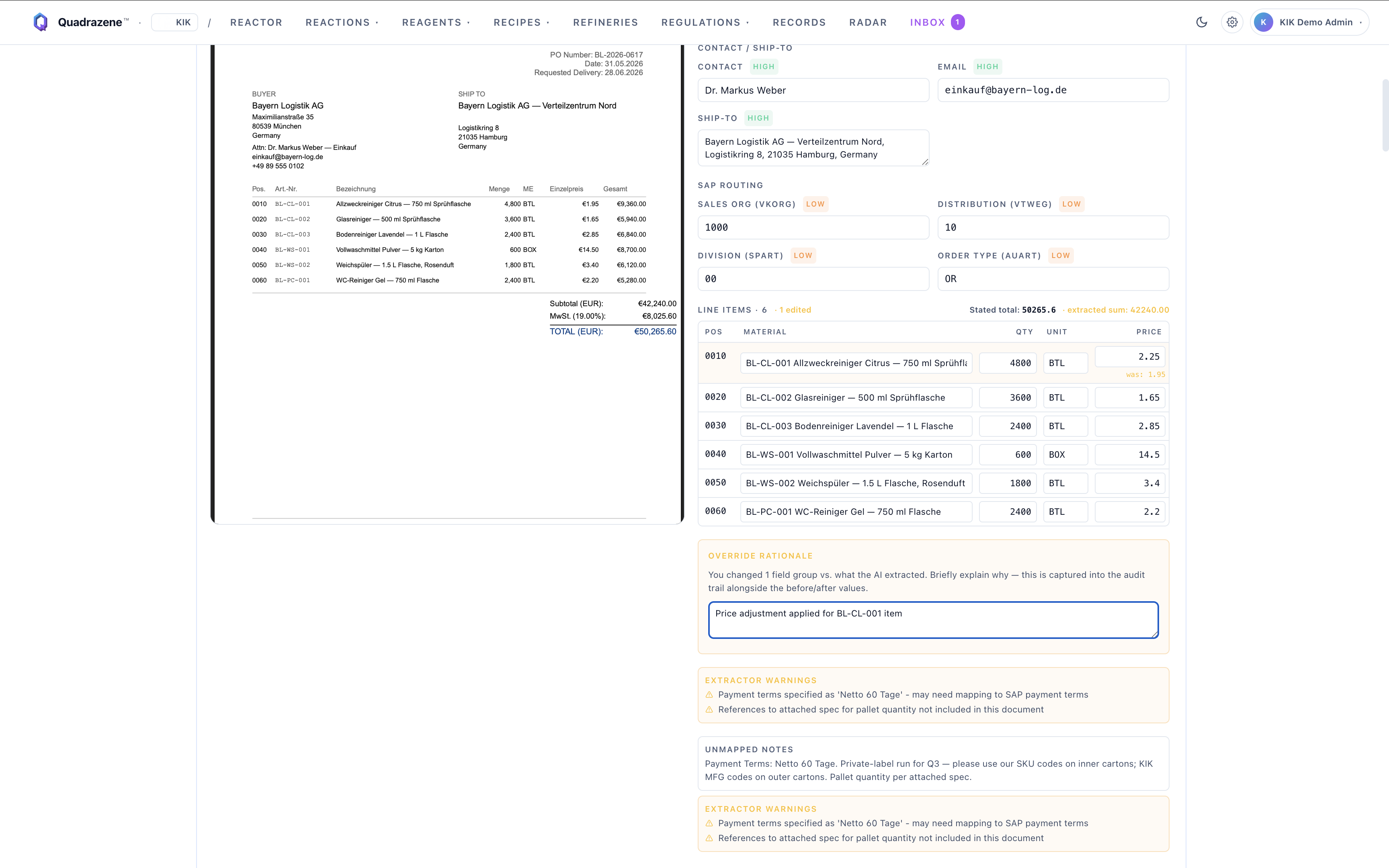 Price field in edit — reviewer corrects unit price against contract.