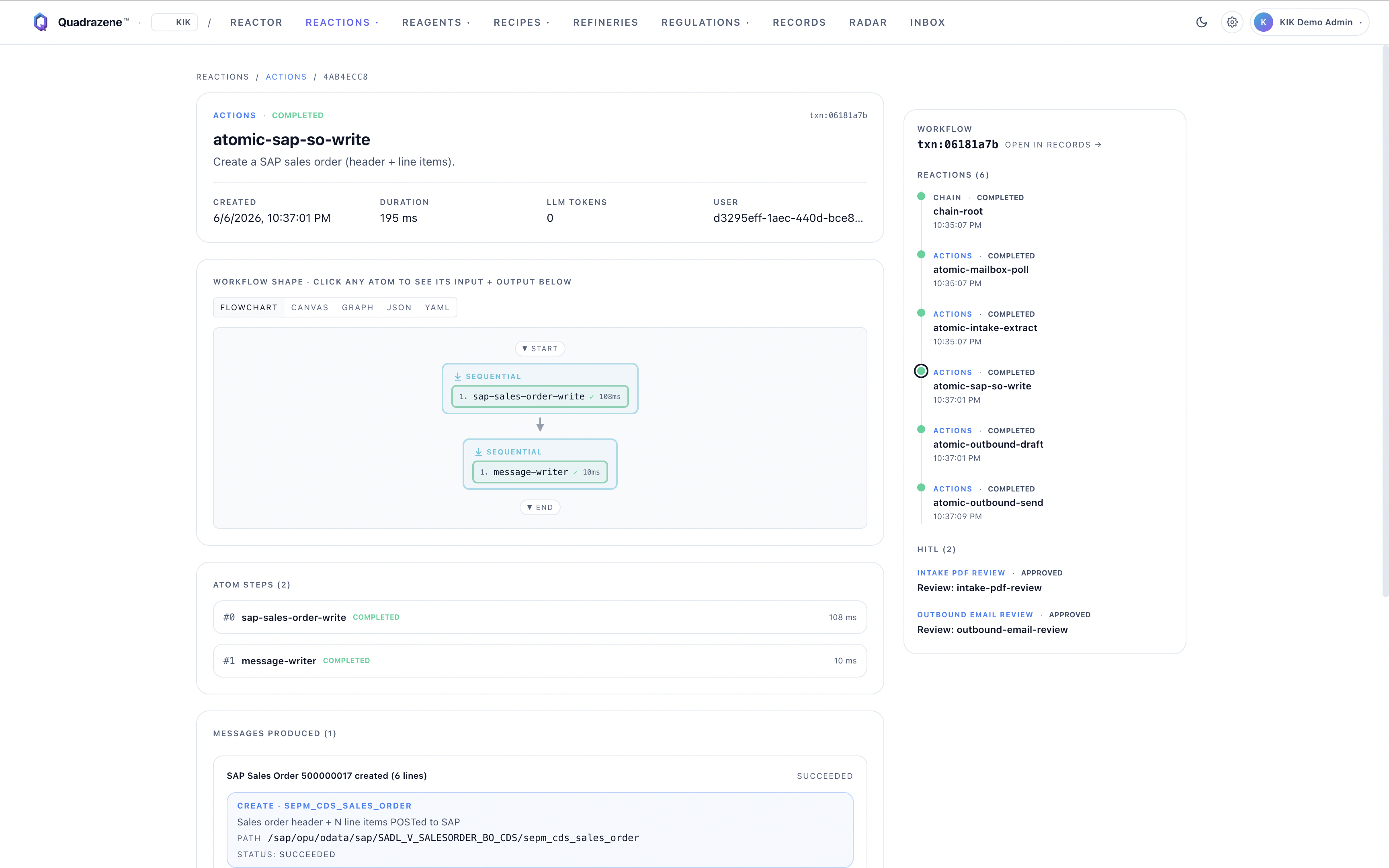 "SAP Sales Order 500000017 created — 6 lines" — Nordhavn order, 195 ms, SUCCEEDED.