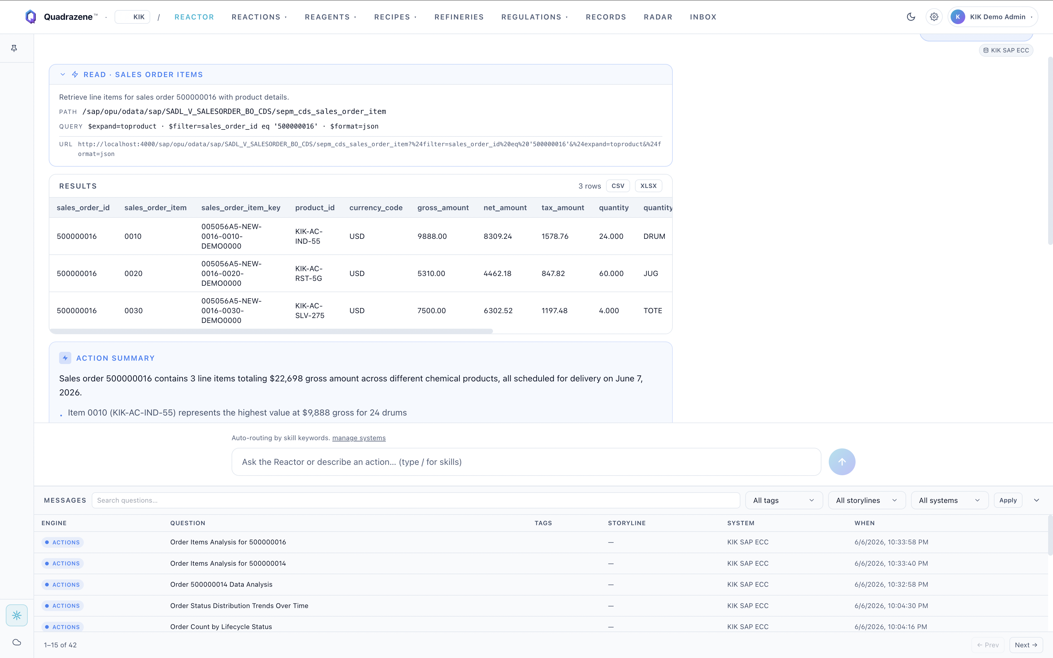 READ · SALES ORDER ITEMS — 3 live line items + AI summary for order 500000016.