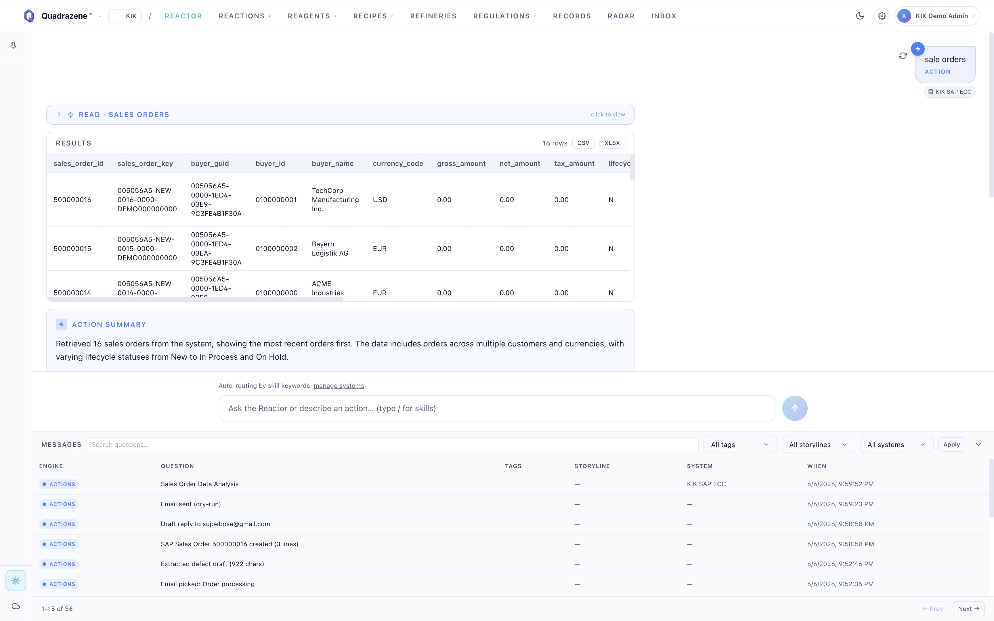 READ · SALES ORDERS — 16 live orders across TechCorp, Nordhavn, ACME, and more.